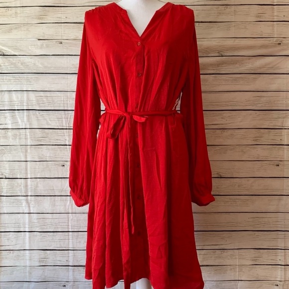 Old Navy Red Satin Silk like button up Tie Belted Shirt Dress XL - Picture 7 of 9